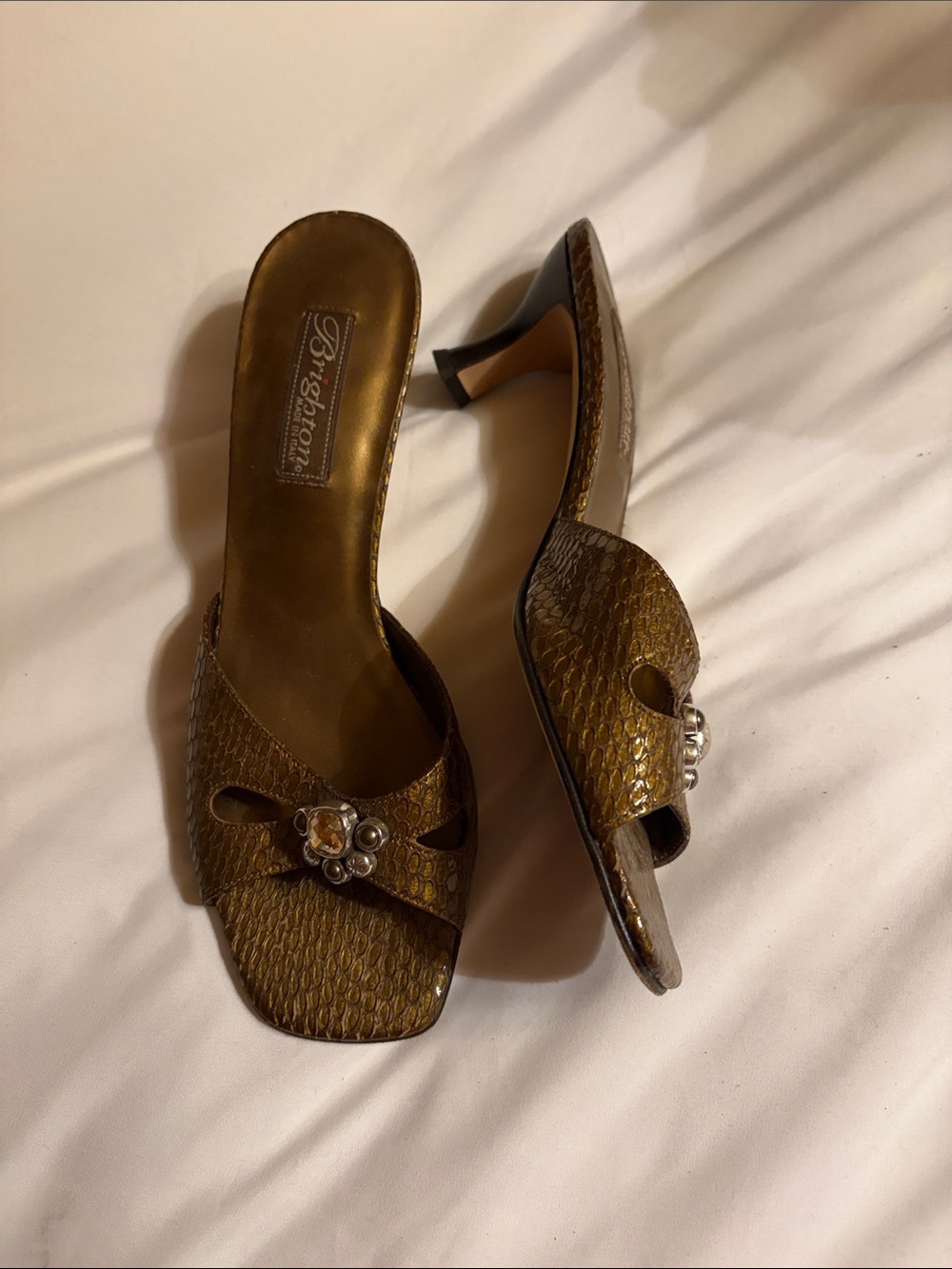 Brighton Throne Bronze Textured Slide Heels with Floral Jewel